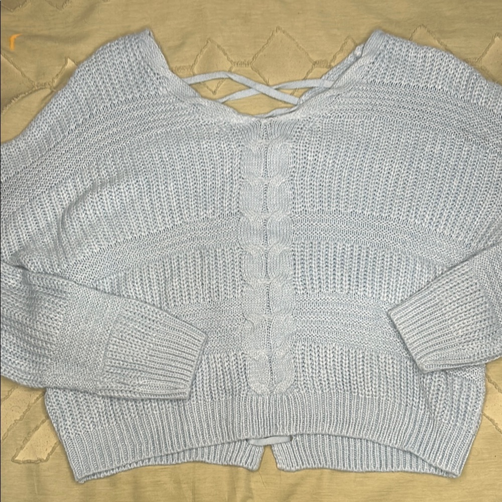 Gray V-Neck Sweater with Criss-Cross Back